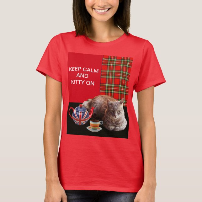 "KEEP CALM AND KITTY ON" ,RED TARTAN,CAT TEA PARTY T-Shirt (Front)