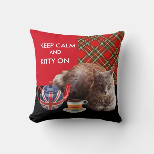 KEEP CALM AND KITTY ON RED TARTANCAT TEA PARTY THROW PILLOW