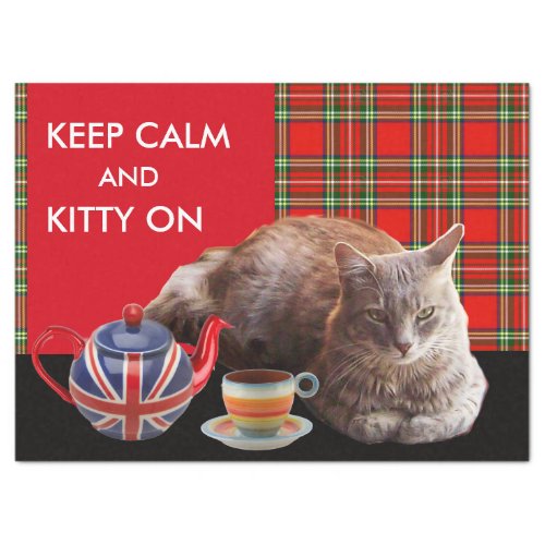 KEEP CALM AND KITTY ON RED TARTANCAT TEA PARTY TISSUE PAPER