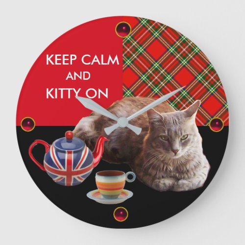 KEEP CALM AND KITTY ON RED TARTAN TEA PARTY LARGE CLOCK