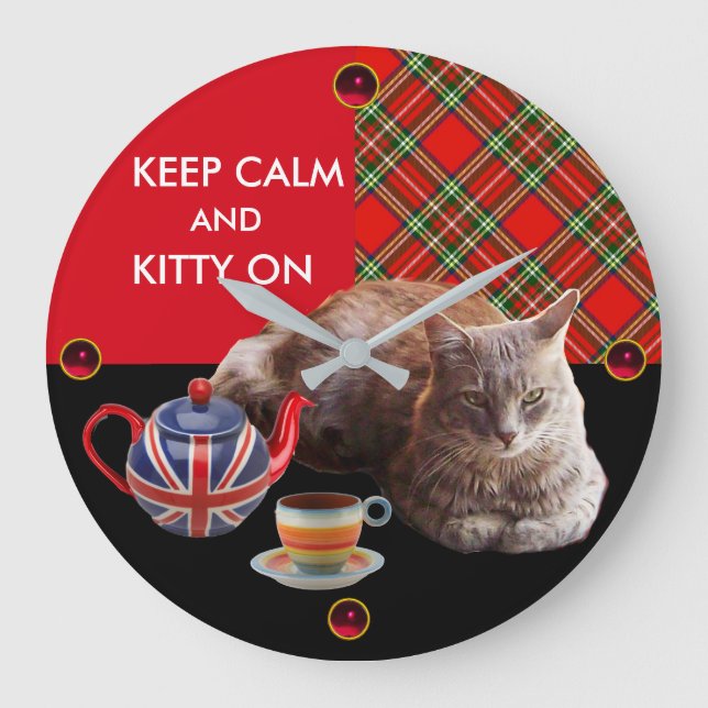 KEEP CALM AND KITTY ON ,RED TARTAN TEA PARTY LARGE CLOCK (Front)