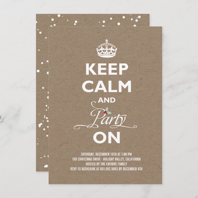 Keep Calm and Party On Kraft Funny Holiday Party Invitation (Front/Back)