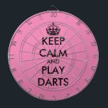 Keep calm and play darts funny pink dartboard<br><div class="desc">Keep calm and play darts funny pink dartboard. Personalize this dart board with your own funny meme. Trendy wall decor ideas for home,  pub,  car,  cafe,  restaurant,  man cave,  office and other places to relax. Modern typography template with crown. Pink or custom background color.</div>
