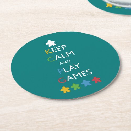 Keep Calm and Play Games  Teal Meeple Board Game Round Paper Coaster