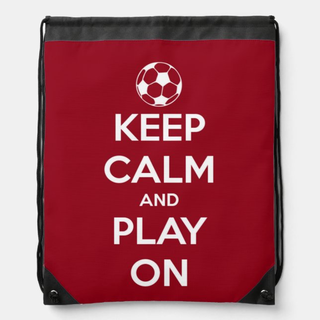 Keep Calm and Play On Red and White Drawstring Bag (Front)