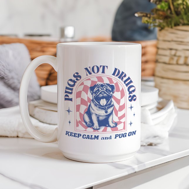 Keep Calm and Pug On Retro Pugs Not Drugs Coffee Mug (This fun design showcases an adorable retro pug with muted pink and colors.)