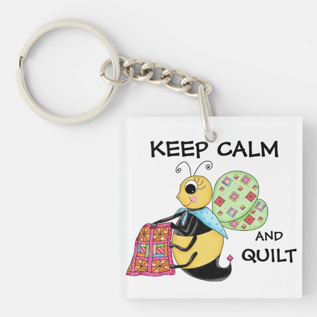 Keep Calm and Quilt Whimsy Honey Bee Art Keychain (Front)