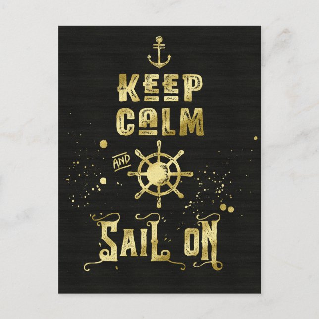 Keep Calm and Sail On Gold Helm Anchor Typography Postcard (Front)