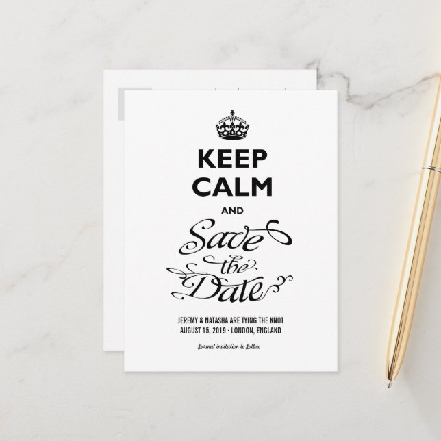 Keep Calm And Save The Date Curly Script Funny Announcement Postcard (Front/Back In Situ)