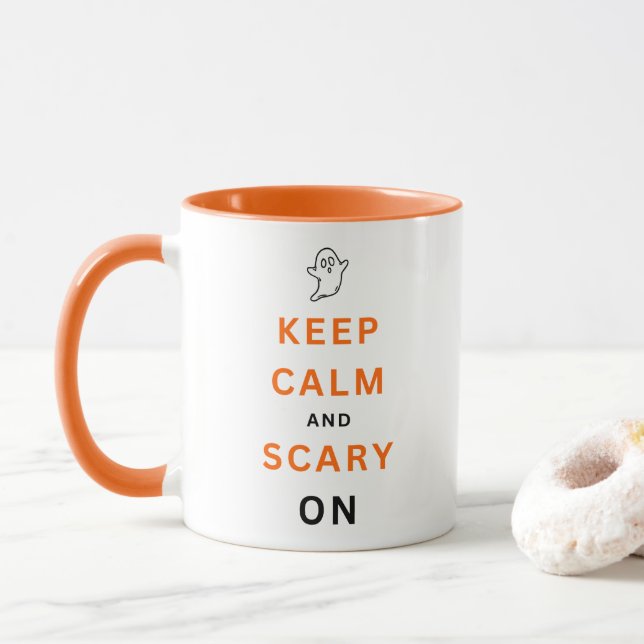 Keep Calm and Scary On Orange Text Halloween Ghost Mug (With Donut)