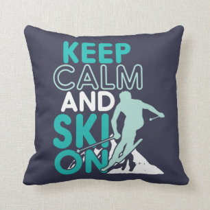 Keep Calm and Ski On Funny Skiing Winter Sports Throw Pillow