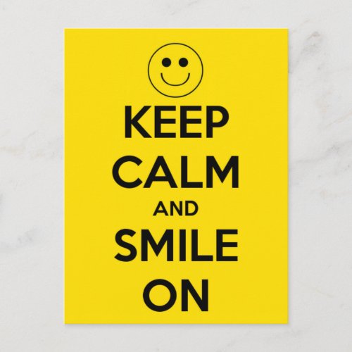 Keep Calm and Smile On Yellow Postcard