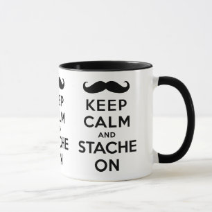 Keep calm and stache on black mug
