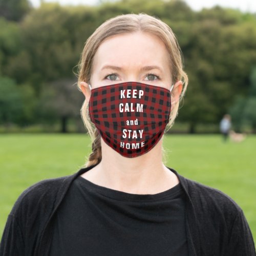 keep calm and stay home red checked adult cloth face mask