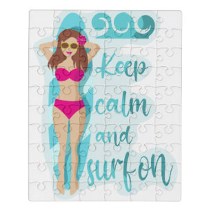 Keep calm and surf on brunette girl Card Jigsaw Puzzle