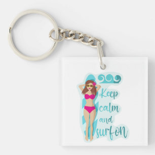 Keep calm and surf on brunette girl Card Keychain