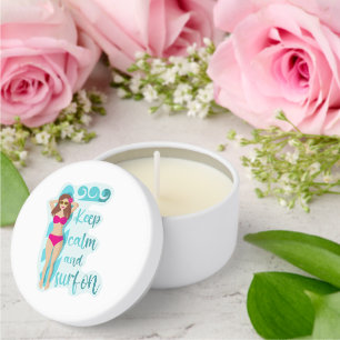 Keep calm and surf on brunette girl Card Mini Candle Favors