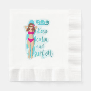 Keep calm and surf on brunette girl Card Napkins