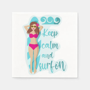 Keep calm and surf on brunette girl Card Napkins