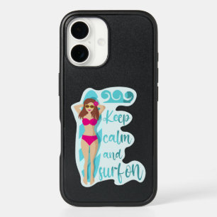 Keep calm and surf on brunette girl Card iPhone 16 Case