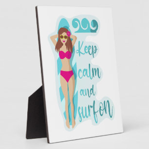 Keep calm and surf on brunette girl Card Plaque