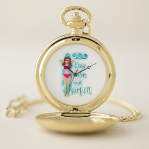 Keep calm and surf on brunette girl Card Pocket Watch