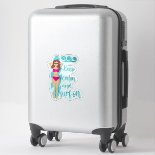 Keep calm and surf on brunette girl Card Sticker
