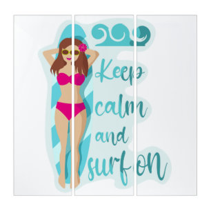 Keep calm and surf on brunette girl Card Triptych