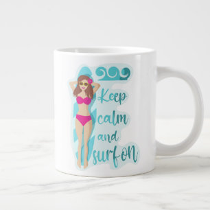 Keep calm and surf on brunette girl giant coffee mug
