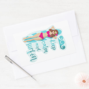 Keep calm and surf on brunette girl rectangular sticker