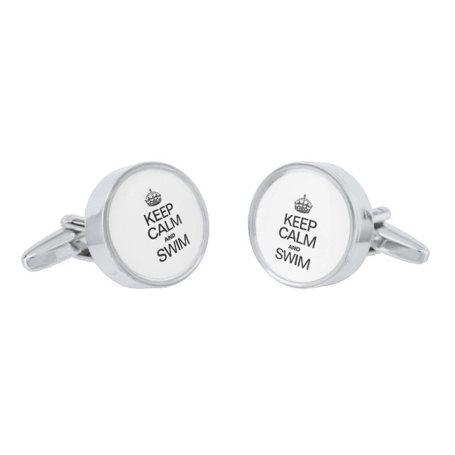 KEEP CALM AND SWIM SILVER CUFFLINKS (Angled)