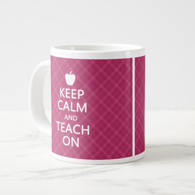 Keep Calm and Teach On, Pink Plaid Large Coffee Mug (Front Left)