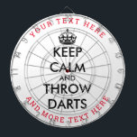 Keep calm and throw darts funny custom dart board<br><div class="desc">Keep calm and throw darts funny custom dart board. Personalized dartboard game with your funny text. Fun Birthday gift idea for kids and adults. Trendy wall decor ideas for home,  pub,  car,  cafe,  restaurant,  man cave,  office and other places to relax. Modern typography template with crown. Custom colors.</div>