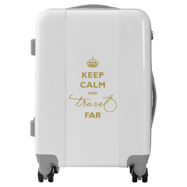 Keep Calm And Travel Far Gold Handwriting Script Luggage (Front)