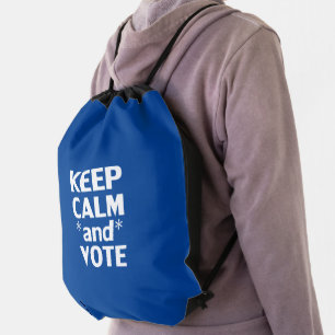 Keep calm and vote modern typography white blue drawstring bag