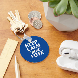 Keep calm and vote modern typography white blue keychain