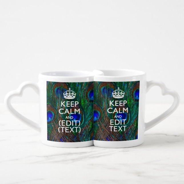 Keep Calm And Your Text on Peacock Feathers Coffee Mug Set (Front Nesting)
