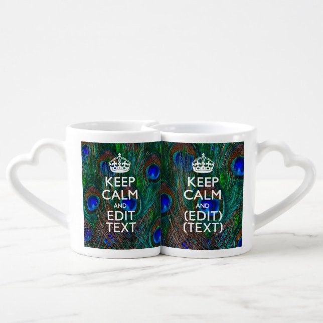Keep Calm And Your Text on Peacock Feathers Coffee Mug Set (Back Nesting)