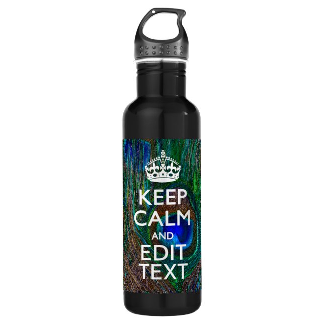 Keep Calm And Your Text on Peacock Feathers Water Bottle (Front)