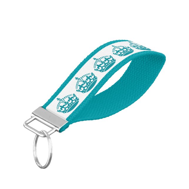 KEEP CALM AQUA BLUE CROWN PATTERN WRIST KEYCHAIN (Angled Down)