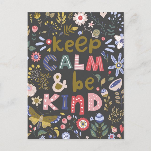 Keep Calm Be Kind Folk Art Flowers Postcard (Front)