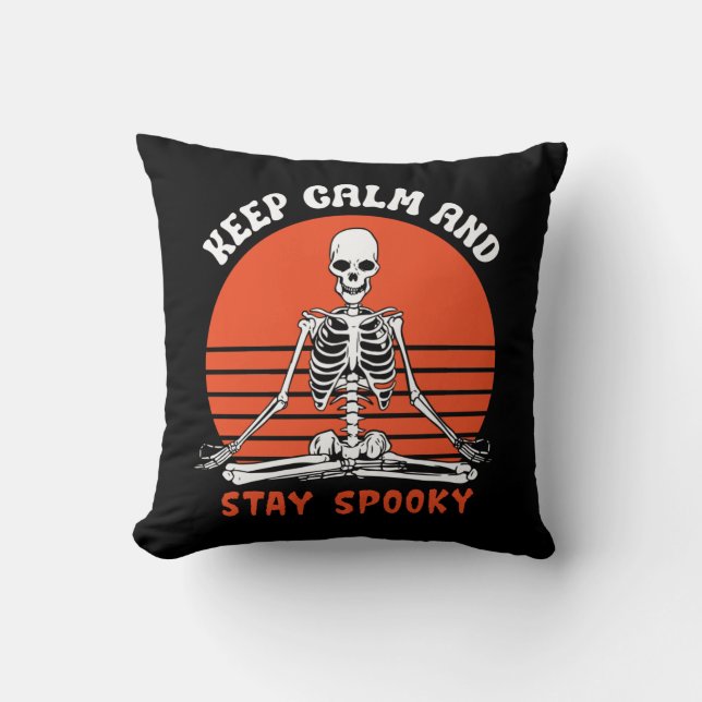 Keep Calm Be Spooky Yoga Pose Skeleton Halloween Throw Pillow (Front)
