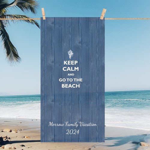 Keep Calm Beach Shell Blue Wood Name Beach Towel