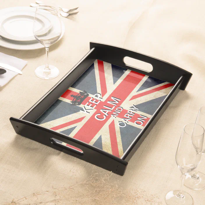 Keep Calm And Carry On Union Jack British Wooden Serving Tray with Handles 