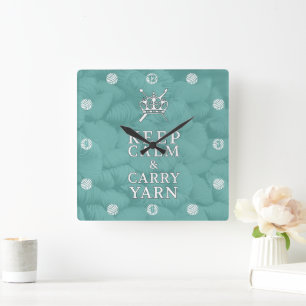 Keep Calm Carry Yarn Craft Room {Dark} Square Wall Clock
