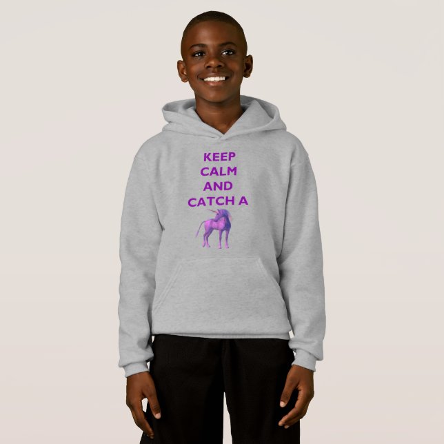 Keep Calm & Catch a Purple Unicorn Kids Hoodie (Front Full)