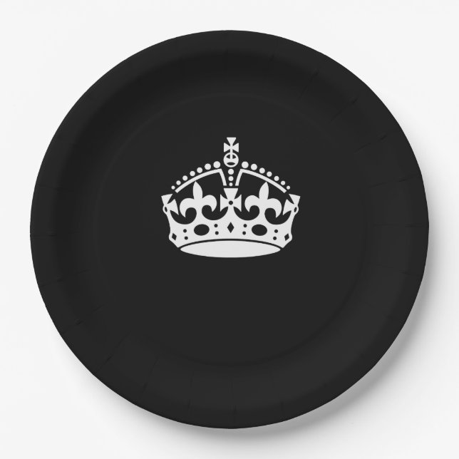 Keep Calm Crown on Black Paper Plates (Front)