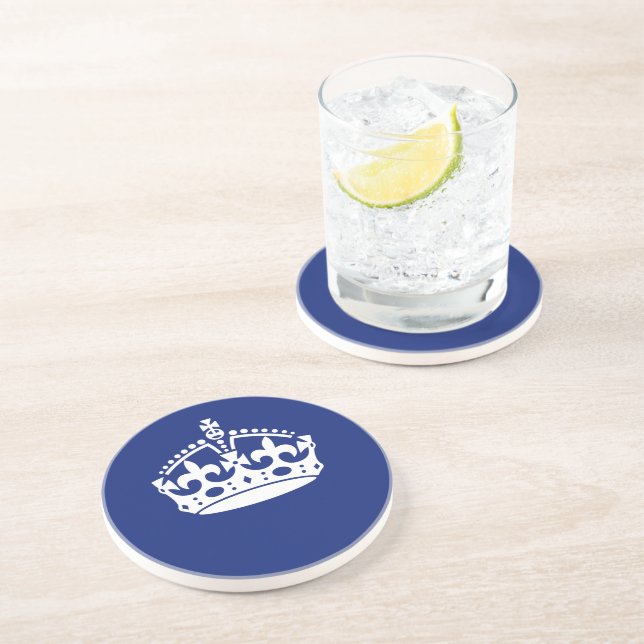 Keep Calm Crown on Navy Blue Color Sandstone Coaster (Side)