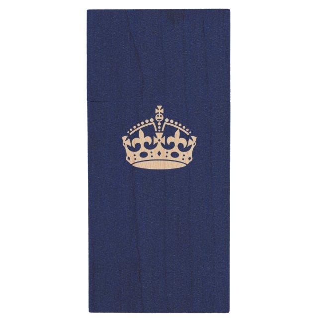 Keep Calm Crown on Navy Blue Wood Flash Drive (Front Vertical)