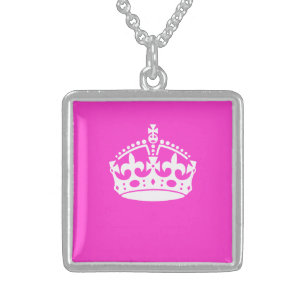 KEEP CALM CROWN Symbol on Hot Pink Decor Sterling Silver Necklace